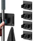 Mop Broom Holder Wall Mount With Shelf And Hooks Self Adhesive Sturdy, black SUS304 stainless steel, hand securing broom, 4-pack.