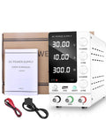 Adjustable DC Bench Power Supply 32V 6A And 30V 10A Regulated Switching Lab Source with manual and cables, compact white model.