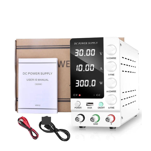 Adjustable DC Bench Power Supply 32V 6A And 30V 10A Regulated Switching Lab Source with manual and cables, compact white model.