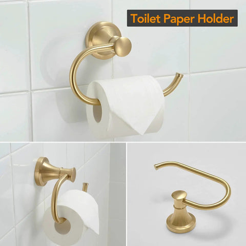Brushed Gold 4 Piece Bathroom Hardware Set For Walls With Towel Bar Towel Ring Toilet Paper Holder And Double Towel Hooks