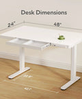 Glass Top Standing Desk With Drawers, 48x24 Inch Adjustable Sit-Stand Desk With Electric Height Lift, dimensions shown, white color