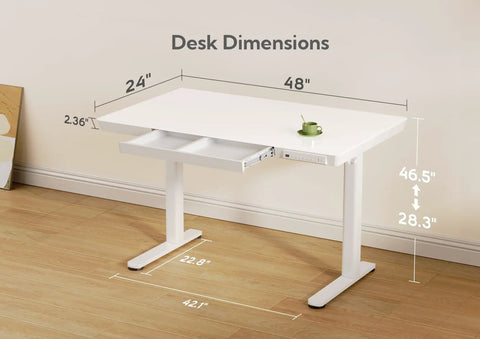 Glass Top Standing Desk With Drawers, 48x24 Inch Adjustable Sit-Stand Desk With Electric Height Lift, dimensions shown, white color
