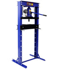 Front view of SRECELL 20-ton hydraulic shop press with pressure gauge, blue H-frame