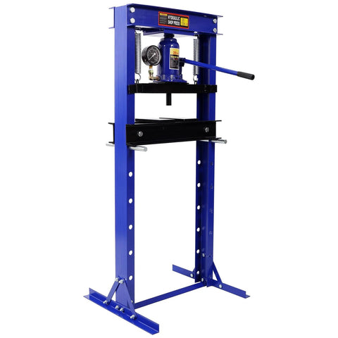 Front view of SRECELL 20-ton hydraulic shop press with pressure gauge, blue H-frame