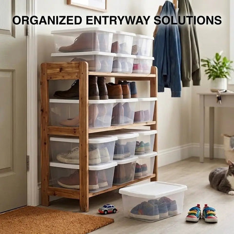 10 Pack Heavy Duty Six Quart Clear Plastic Stackable Storage Bins Featuring Slick Snap On Lids holding shoes in organized entryway setup.