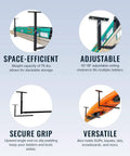 Diagram showing features of Overhead Ladder Rack Ceiling Mount for garage storage, highlighting space efficiency, adjustability, secure grip, and versatility.