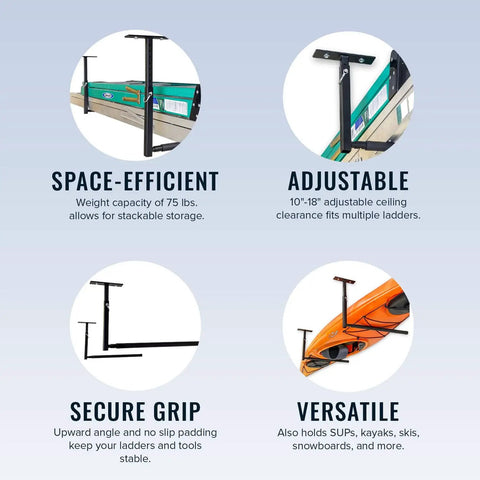 Diagram showing features of Overhead Ladder Rack Ceiling Mount for garage storage, highlighting space efficiency, adjustability, secure grip, and versatility.