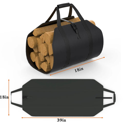 Heavy-Duty 8 Foot Firewood Rack With Weatherproof Cover And Carry Bag For Indoor Or Outdoor Use, shown with carry bag holding logs