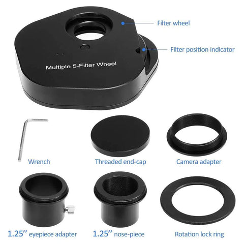 5-Position Eyepiece Filter Wheel For Astronomy Telescopes Aluminum Housing Quick-Change 5 Filters set with accessories