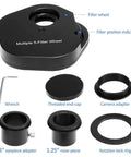5-Position Eyepiece Filter Wheel for 2-Inch Filters with accessories, including adapter and wrench, for telescopes.