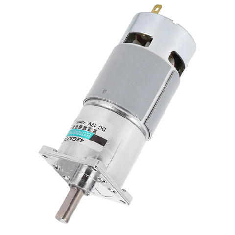 Solid 42GA775 DC Gear Motor 12V Low Speed Reversible CW CCW With All Metal Gears Overcurrent Protection for Automation And Robotics Builds, angled view with shaft.