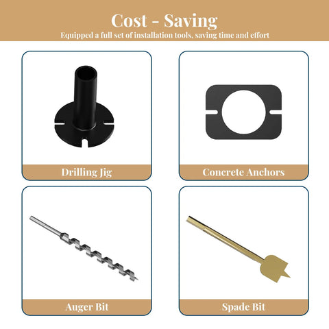 Installation tools including drilling jig, concrete anchors, auger bit, and spade bit for Heavy Duty Invisible Floating Wall Shelf Brackets.