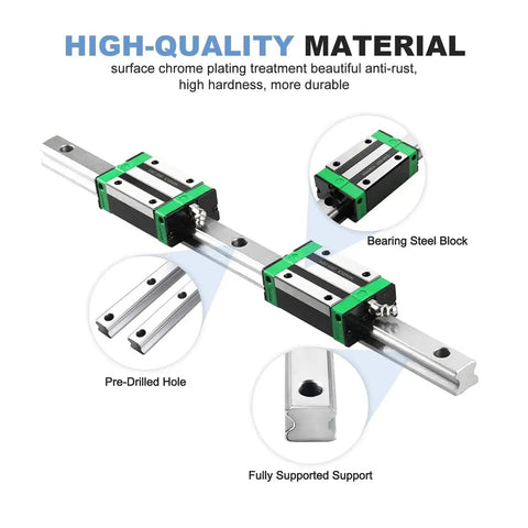 Top Shelf HGR15 Linear Guide Rail With Rock Solid HGW15CC Sliding Blocks 800mm Setup For DIY CNC Builds Offering Hassle Free Machine Movements, showing steel rail and sliding blocks.