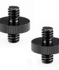 Rock Solid Two Pack Aluminum Quarter Inch Male To Male Threaded Adapter For Camera Cage Rig and Studio Light Stand Hardware showing two black adapters with knurled grips.