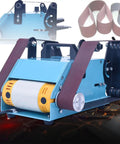 950W Electric Mini Belt Sander Double Ended Bench Grinder Kit Adjustable Angle Work Table with belt and motor components.