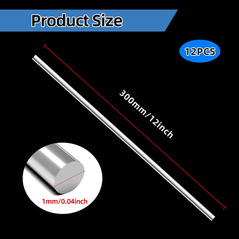 1mm By 300mm 304 Stainless Steel Rod Set 12 Pieces Round Solid Shaft Rods for Crafts Image Showing Product Size