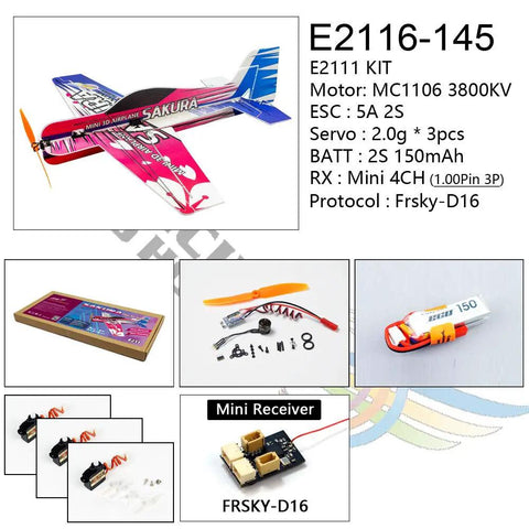 Sakura EPP Foam RC Plane Kit 420mm Wingspan Rad Aerobatic Beast displayed with components including motor, ESC, and Mini 4CH FrSky D16 Receiver.