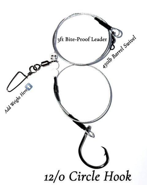 Beefy 3ft 480Lb Bite-Proof Stainless Leader With 12/0 Circle Hook for surf casting and big game fishing, saltwater tough, heavy-duty shark rig