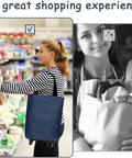 Foldable Shopping Trolley With Wheels 2 In 1 Reusable Grocery Tote Bag Dark Blue in use, woman shopping, grocery store scene
