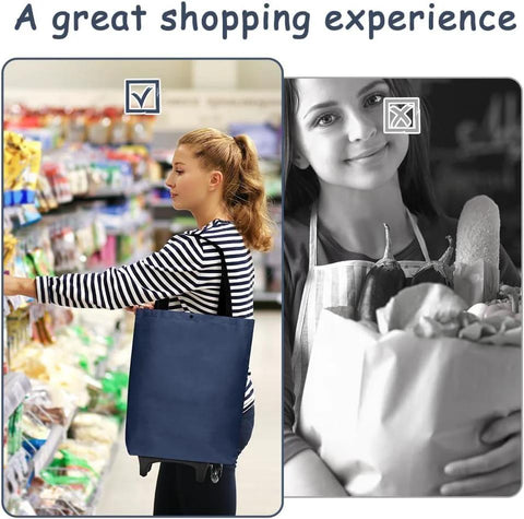 Foldable Shopping Trolley With Wheels 2 In 1 Reusable Grocery Tote Bag Dark Blue in use, woman shopping, grocery store scene