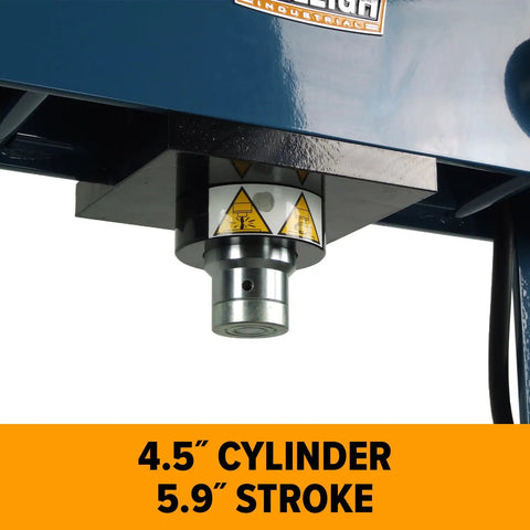 Industrial Grade Steel Shop Press Featuring Adjustable Cylinder Stroke Reinforced Welded Frame And Manual Operation For Slick Assembly And Knockout Pressing Power showing 4.5 inch cylinder and 5.9 inch stroke.