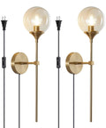 Brushed Gold Plug In Wall Sconce Set Of 2 Mid Century Modern Long Globe Lights With Amber Glass For Bathroom Vanity Lamps With On Off Switch.