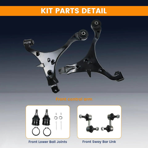 Front Lower Control Arm Kit With Ball Joints For 2002 2003 2004 2005 2006 CR V SUV Suspension Kit Left And Right Sway Bar Links 6 Piece Set Bolt On Direct Fit Replacement With Premium Ball Joints And Durable Arms For Smoother Handling. front control arms, ball joints, and sway bar links laid out