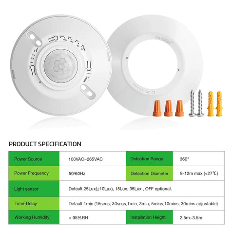 Ceiling Motion Sensor Light Switch With 360 Degree Occupancy Sensor 10A 120V Hardwired High Sensitivity PIR Detector Neutral Wire Required