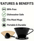 Single Cup Pour Over Coffee Dripper With Scoop And Ten Filters, Cone Size Two Manual Brewer, BPA Free Plastic, Portable And Dishwasher Safe
