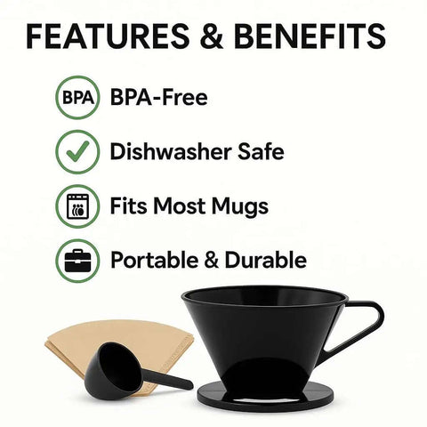 Single Cup Pour Over Coffee Dripper With Scoop And Ten Filters, Cone Size Two Manual Brewer, BPA Free Plastic, Portable And Dishwasher Safe