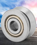 Top Shelf V Groove Track Roller With Fully Sealed Ball Bearings For Heavy Duty Manufacturing Gear Precision Ground Hardened Steel In 12X41X20mm Size on a blue and pink background.