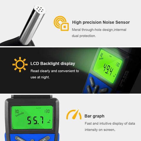 Digital Decibel Meter for Home Studio and Workplace with high precision, LCD backlit display showing noise levels, portable device.
