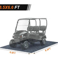 Heavy Duty Oil Spill Mat For Garage Floor 8.5 By 6.6 Ft Thick 6.5mm shown under a golf cart, highlighting size and application.