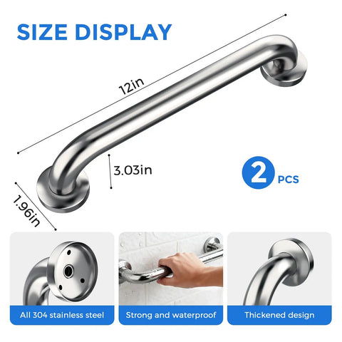 Two Pack 12 Inch Stainless Steel Shower Grab Bars For Safe Bathing And Easy Mobility with size dimensions and features