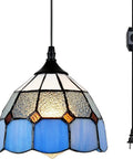 Plug In Tiffany Style Pendant Light With 16.4 Ft Cord, Dimmable Rotary Dimmer, Vintage Swag Ceiling Lamp With Blue 7.9 Inch Shade