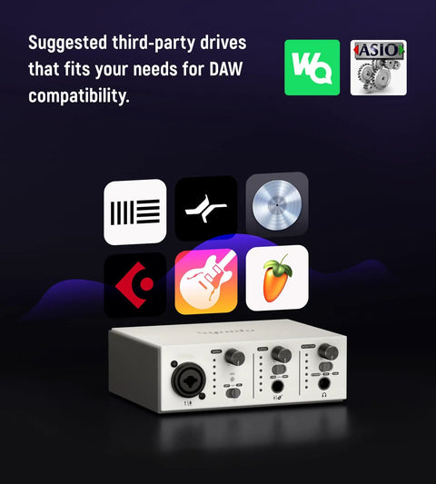 USB C Audio Interface For Recording, Streaming And Podcasting With 2 Channel XLR And Line Inputs, 24 Bit 48 KHz, DAW compatibility icons