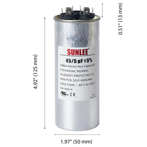 Dual Run Capacitor 45 And 5 Microfarads For HVAC Plug And Play 370V 440V CBB65 Round Replacement, Replaces 12288 TRCFD455 PRCFD455A 4JR05