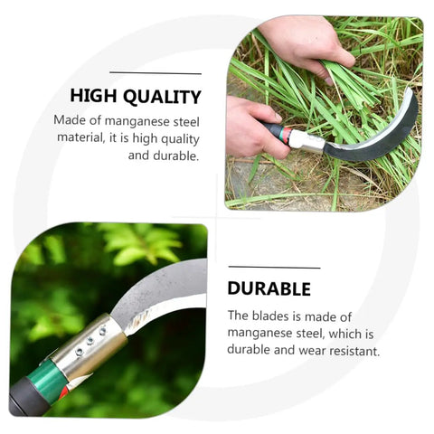 Ergonomic Garden Weeding Tool Set showing lightweight manganese steel scythe blade in grass and close-up views, durable handheld tool.