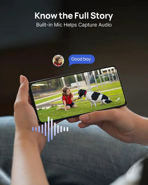 Hands holding a smartphone showing video footage from 16 Channel 4K PoE Security System With Eight Outdoor 4K Cameras, Built In Mic feature.
