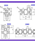 Diagram showing dimensions of 2020, 2040, 3030, and 2080 T slot aluminum profiles for CNC and 3D printer designs.