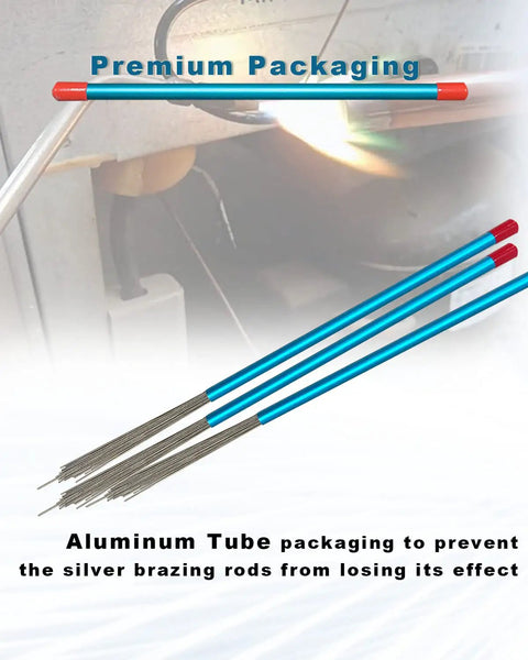 Silver Brazing Rods For Brass And Aluminum Welding, 25 Rods, 9.84 In Long By 0.04 In Diameter, packaging view in aluminum tube