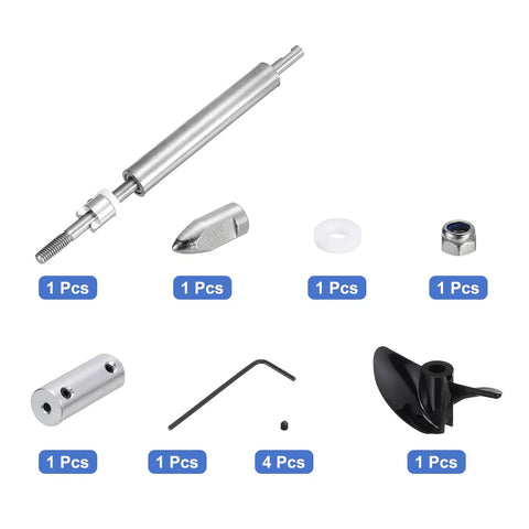 RC Boat Drive Shaft Kit With Propellers And Coupling Joint, 100mm Shaft, 25mm Sleeve, scattered parts view