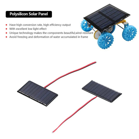 2 Pack Small Solar Panel Modules 5V Micro Polysilicon Glue On Panels 0.3W For Low Power Electrical Appliances Emergency Lights Toys Garden And Home Lighting, displayed with one mounted on a small wheeled toy.