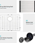 Roll-up dish drying rack, chrome bottom grid, and black drain strainer assembly for Built To Last 16 Gauge Black Stainless Steel Undermount Kitchen Bar Sink 20 By 17 By 9 Inches 304 Stainless Rust Resistant Easy To Clean R10 Rounded Corners With X Shape Water Guide Line Ideal For Small Kitchens And Laundry.