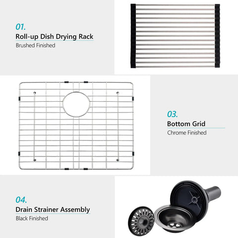 Roll-up dish drying rack, chrome bottom grid, and black drain strainer assembly for Built To Last 16 Gauge Black Stainless Steel Undermount Kitchen Bar Sink 20 By 17 By 9 Inches 304 Stainless Rust Resistant Easy To Clean R10 Rounded Corners With X Shape Water Guide Line Ideal For Small Kitchens And Laundry.