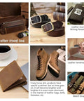 Collage of leather products including travel bag, belts, journal, wallet, boots, with Oil Tan Crazy Horse Cowhide Leather Sheets.
