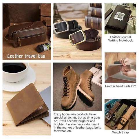 Collage of leather products including travel bag, belts, journal, wallet, boots, with Oil Tan Crazy Horse Cowhide Leather Sheets.