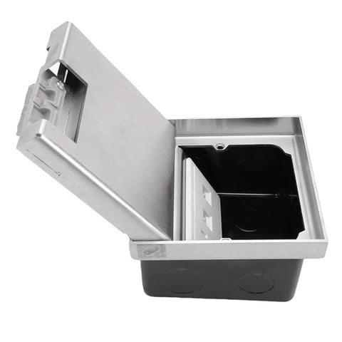 Recessed Floor Power Outlet Box With Snap Open Lift Cover, Tough Steel Housing For No Sweat Cord Access And Smooth Glide Action, showcased with open lid