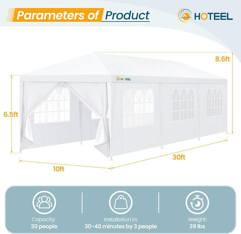 Outdoor 10x30 Ft Party Tent Canopy With 8 Removable Sidewalls, 2 Zipper Doors, 16 Ropes And 36 Stakes For Baby Shower, BBQ, Wedding, Or Backyard Parties