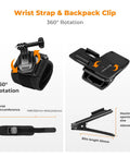 All In One Action Cam Mount Kit wrist strap and backpack clip with 360° rotation features and dimensions